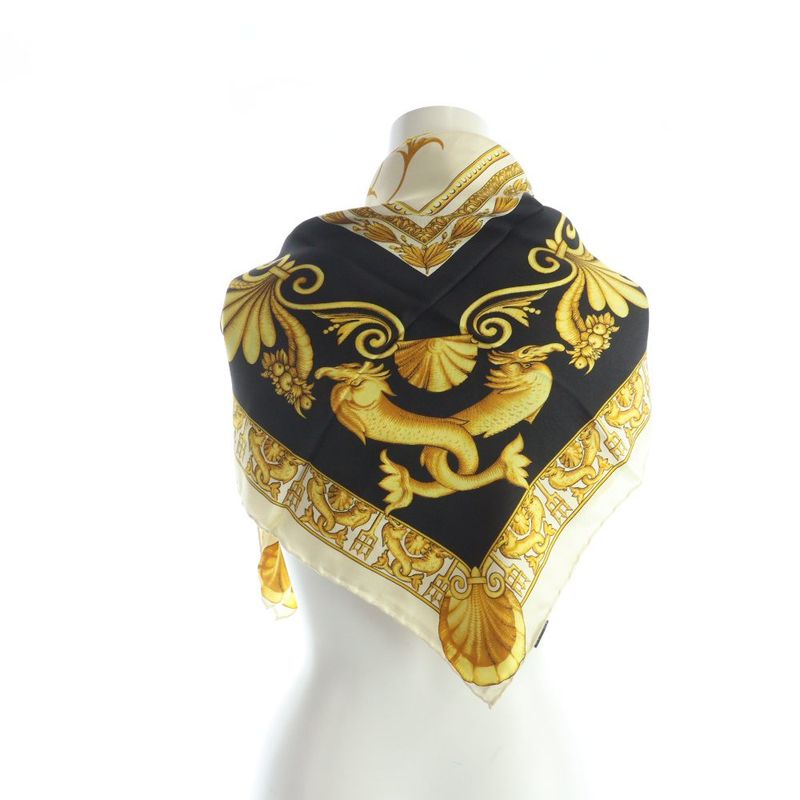 Versace Atelier Vintage Large Scarf Silk Logo All Over Pattern Dragon Yellow