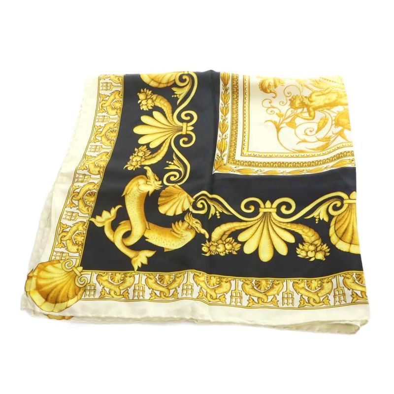 Versace Atelier Vintage Large Scarf Silk Logo All Over Pattern Dragon Yellow