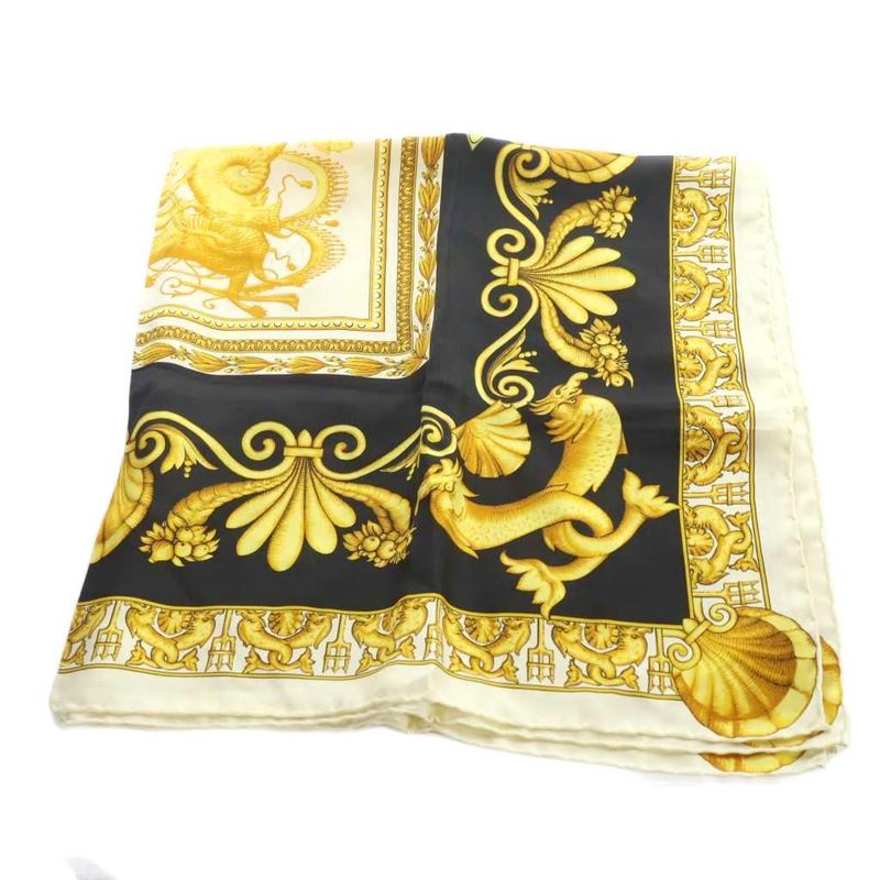 Versace Atelier Vintage Large Scarf Silk Logo All Over Pattern Dragon Yellow