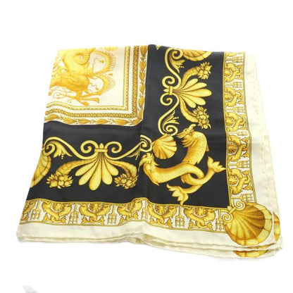 Versace Atelier Vintage Large Scarf Silk Logo All Over Pattern Dragon Yellow