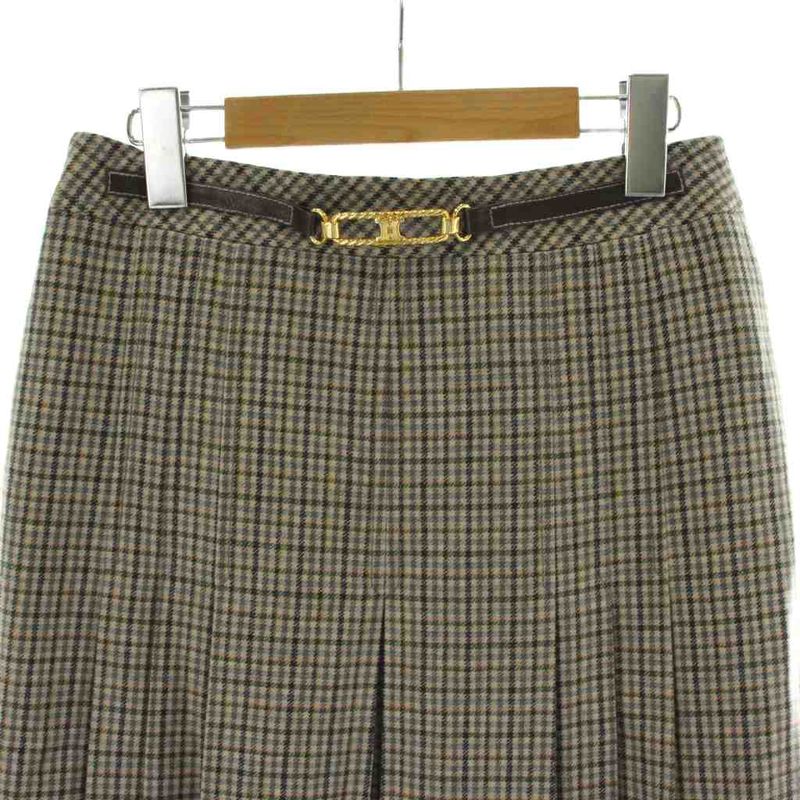 Celine Plied Skirt Wool 44 Beige Multicolor Houndstooth Pattern Macadam
