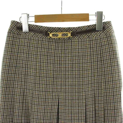 Celine Plied Skirt Wool 44 Beige Multicolor Houndstooth Pattern Macadam