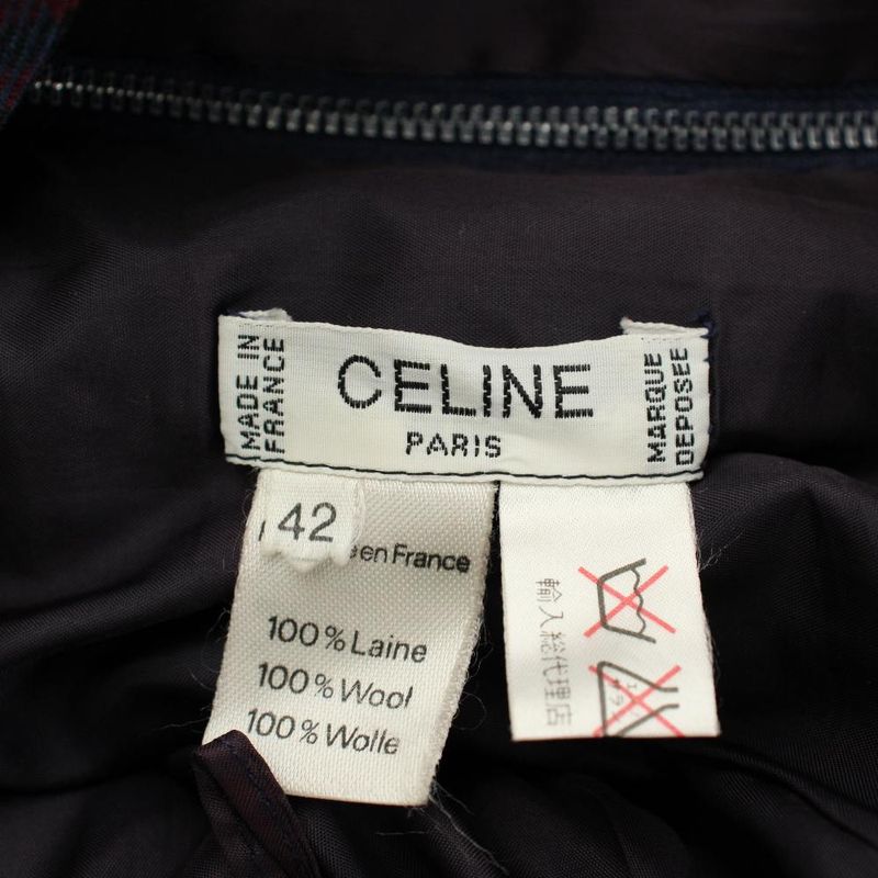 Celine Plied Skirt Wool 42 Navy Multicolor Plaid Horsebit Long Length