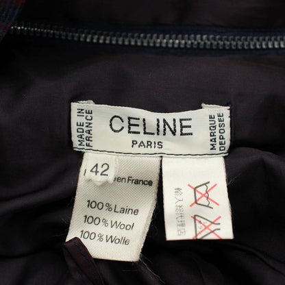 Celine Plied Skirt Wool 42 Navy Multicolor Plaid Horsebit Long Length