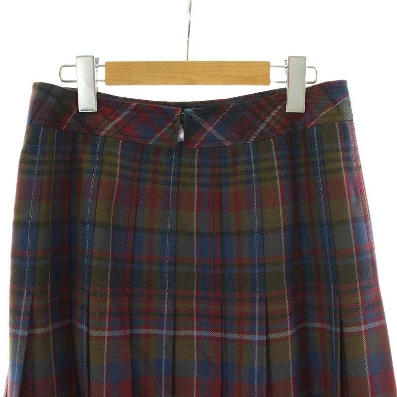 Celine Plied Skirt Wool 42 Navy Multicolor Plaid Horsebit Long Length