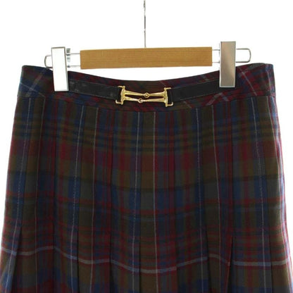 Celine Plied Skirt Wool 42 Navy Multicolor Plaid Horsebit Long Length