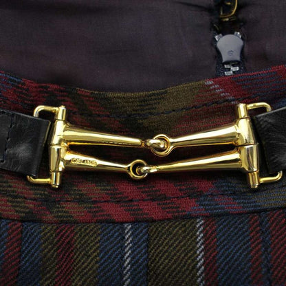 Celine Plied Skirt Wool 42 Navy Multicolor Plaid Horsebit Long Length