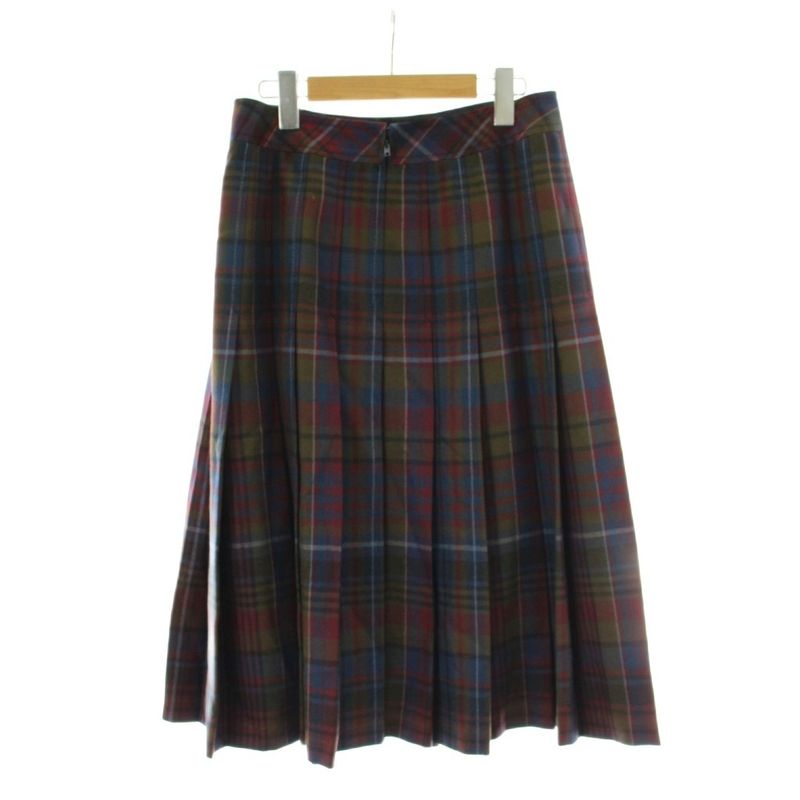 Celine Plied Skirt Wool 42 Navy Multicolor Plaid Horsebit Long Length