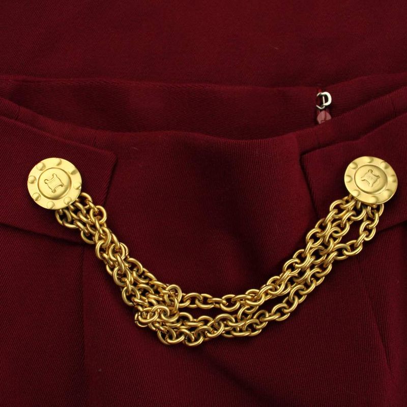 Celine Tight Skirt Knee Length Wool Chain Macadam Pattern Gold Button Wine Red