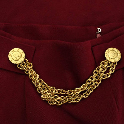 Celine Tight Skirt Knee Length Wool Chain Macadam Pattern Gold Button Wine Red