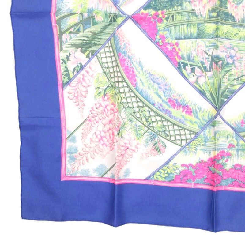 Hermes Giverny Garden Scarf Floral Pattern Carre 90 Logo Blue White