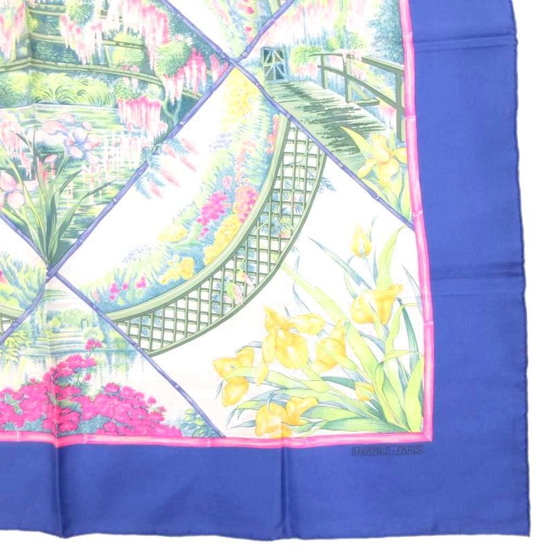 Hermes Giverny Garden Scarf Floral Pattern Carre 90 Logo Blue White