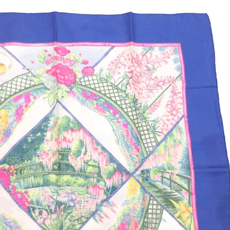 Hermes Giverny Garden Scarf Floral Pattern Carre 90 Logo Blue White