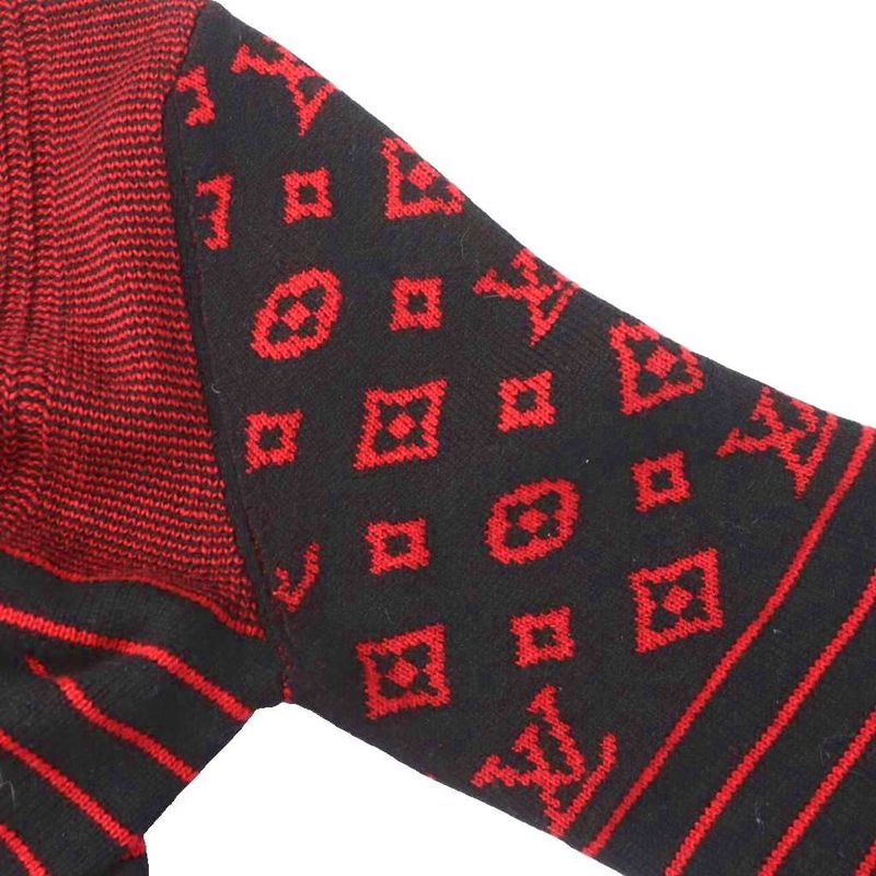 Louis Vuitton Knit Sweater Long Sleeve Cashmere Wool Blend Monogram M Black Red