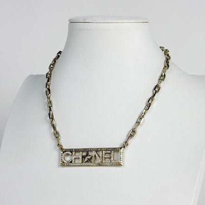 Chanel Logo Star Rhinestone Necklace CC Choker Gold Plated
