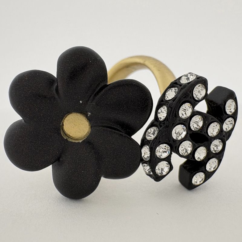 Chanel CC Logo Rhinestone Ring Camellia Motif Gold Plated Black Gold Black