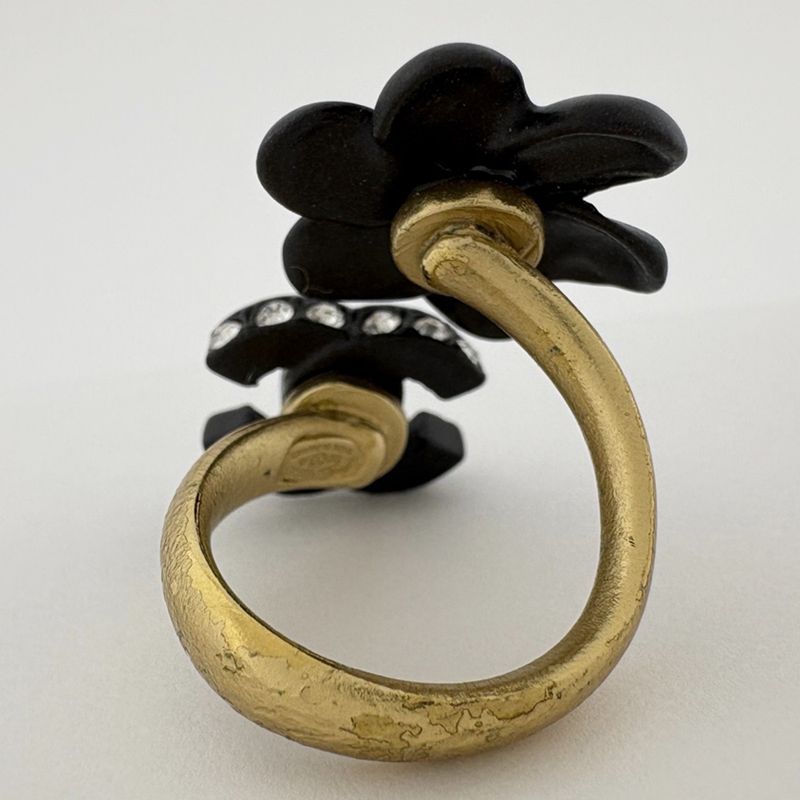Chanel CC Logo Rhinestone Ring Camellia Motif Gold Plated Black Gold Black