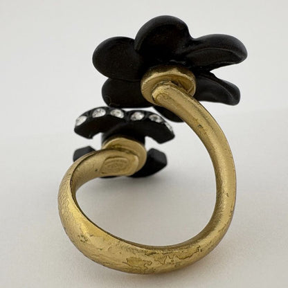 Chanel CC Logo Rhinestone Ring Camellia Motif Gold Plated Black Gold Black