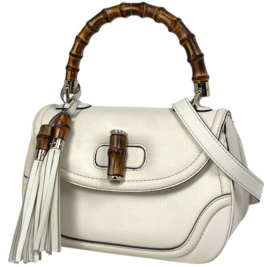 Gucci New Bamboo 2-Way Shoulder Bag Fringe Leather White