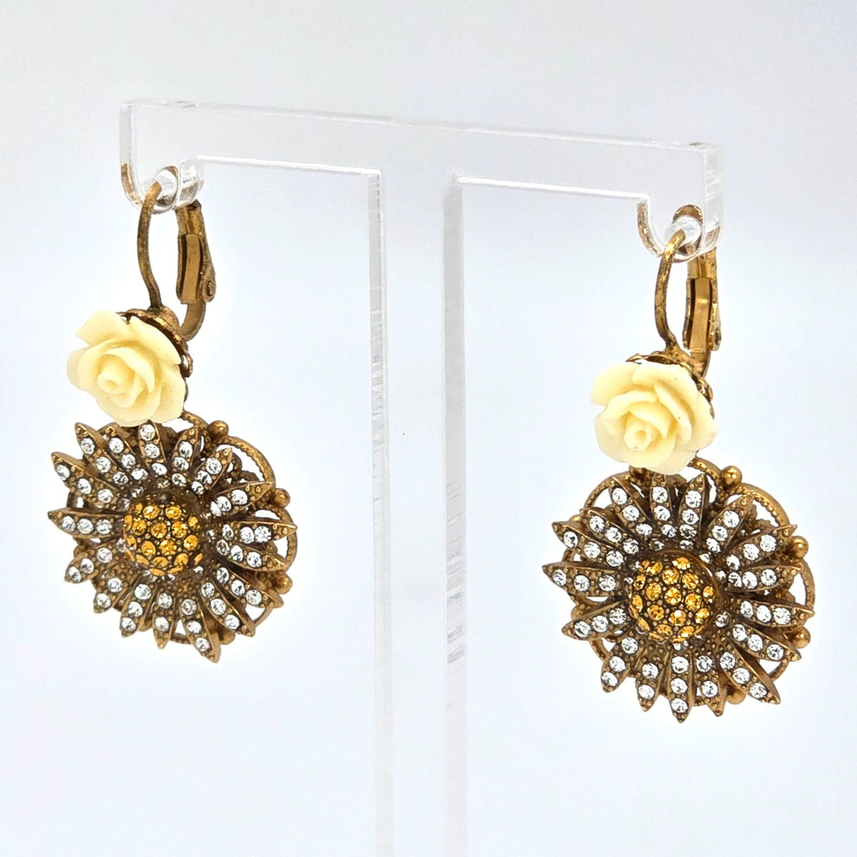 Dolce & Gabbana Flower Daisy Rose Crystal Drop Earrings Brass Real Glass Resin