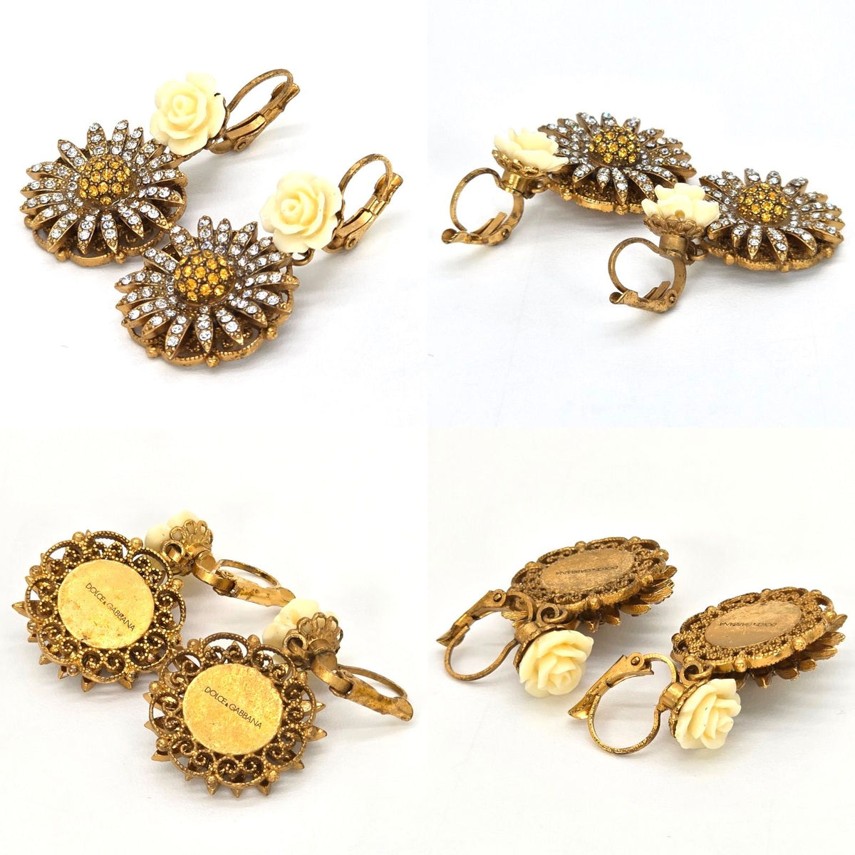Dolce & Gabbana Flower Daisy Rose Crystal Drop Earrings Brass Real Glass Resin — view 6