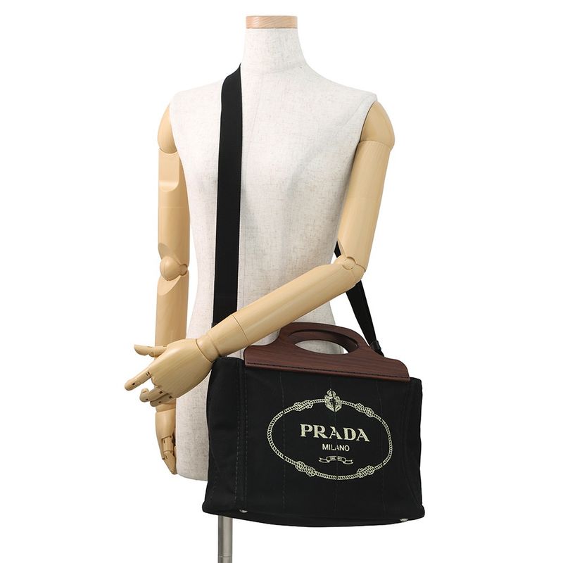 Prada Canapa Logo Wood Handle Canvas 2-Way Shoulder Bag