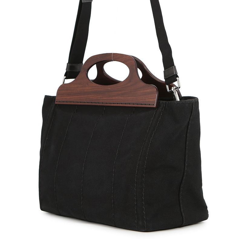 Prada Canapa Logo Wood Handle Canvas 2-Way Shoulder Bag