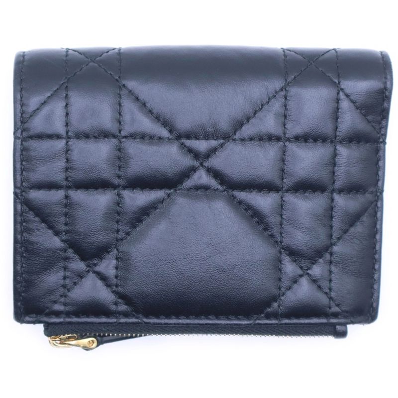 Dior Caro Dahlia Compact Wallet Bifold Black Lambskin