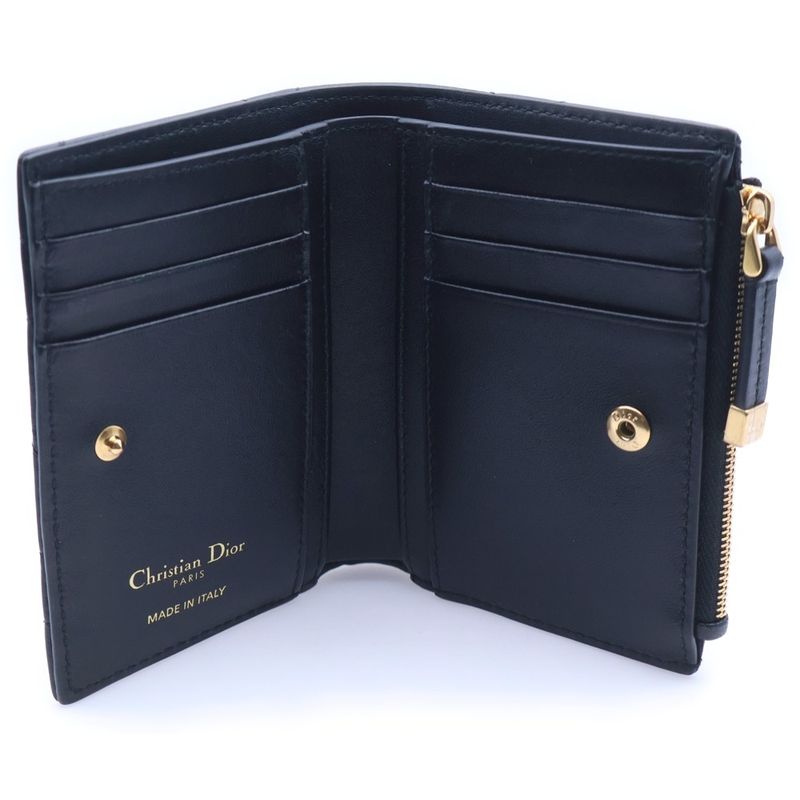 Dior Caro Dahlia Compact Wallet Bifold Black Lambskin