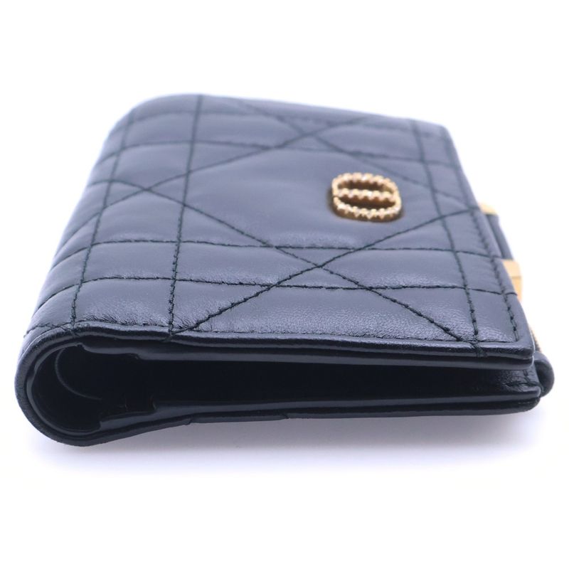 Dior Caro Dahlia Compact Wallet Bifold Black Lambskin