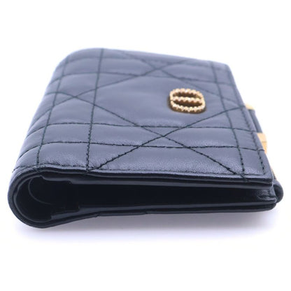 Dior Caro Dahlia Compact Wallet Bifold Black Lambskin
