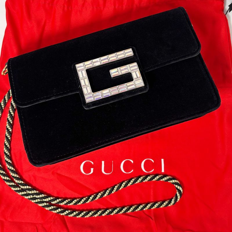 Gucci Shoulder Bag 2-Way Clutch Broadway Black Velvet Bag with Square