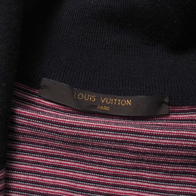 Louis Vuitton Knit Top XS LV Logo Embroidery Zip Up High Red Navy Border Pattern