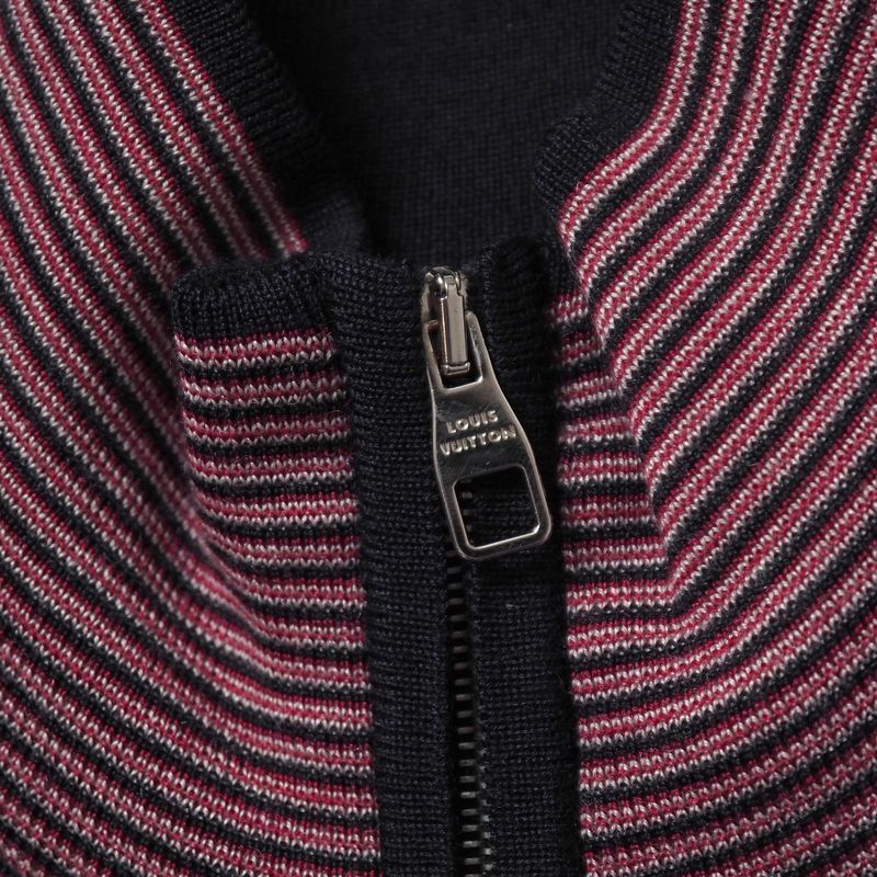Louis Vuitton Knit Top XS LV Logo Embroidery Zip Up High Red Navy Border Pattern