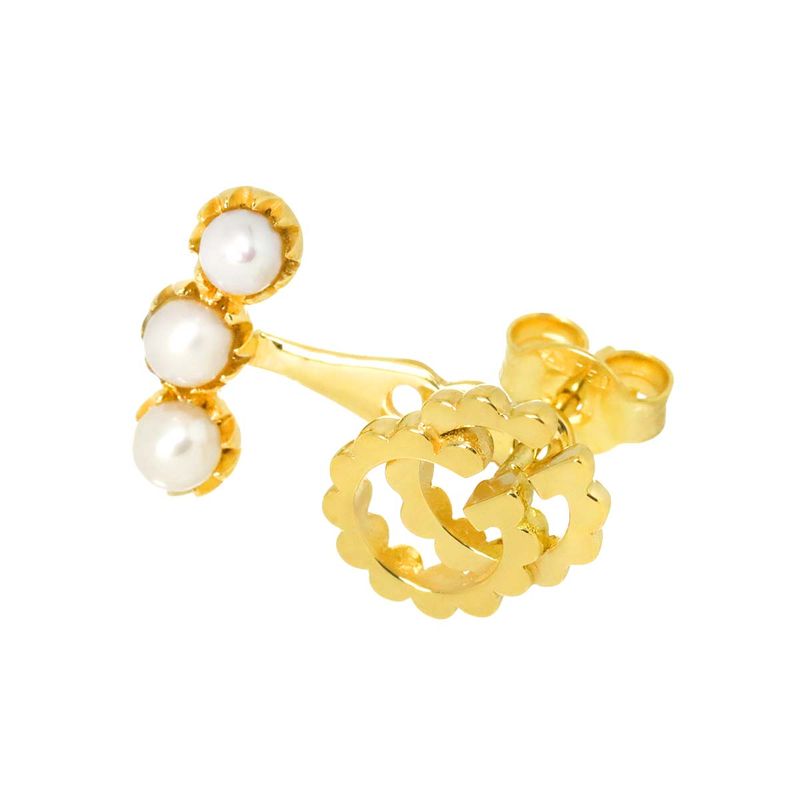 Gucci GG Running Logo Baby Pearl Earrings 18K YG Yellow Gold