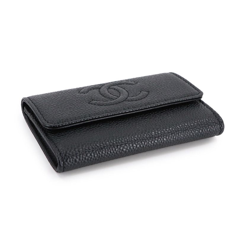 Chanel Card Case Business Holder Caviar Leather Black Silver Coco