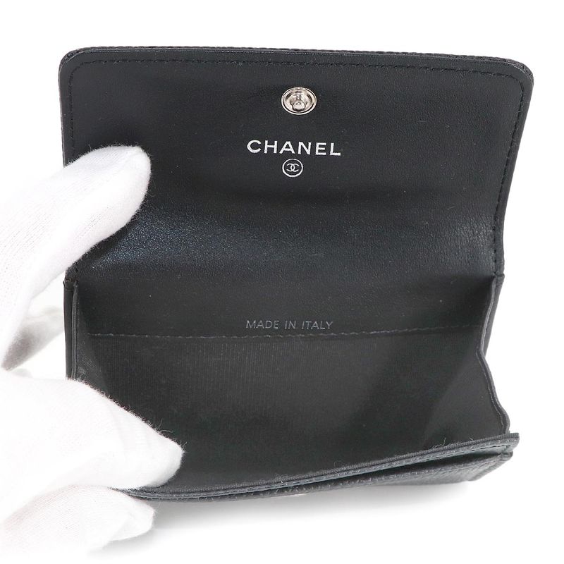 Chanel Card Case Business Holder Caviar Leather Black Silver Coco