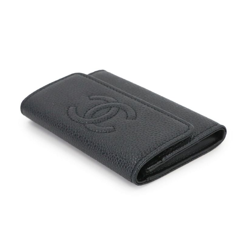 Chanel Card Case Business Holder Caviar Leather Black Silver Coco