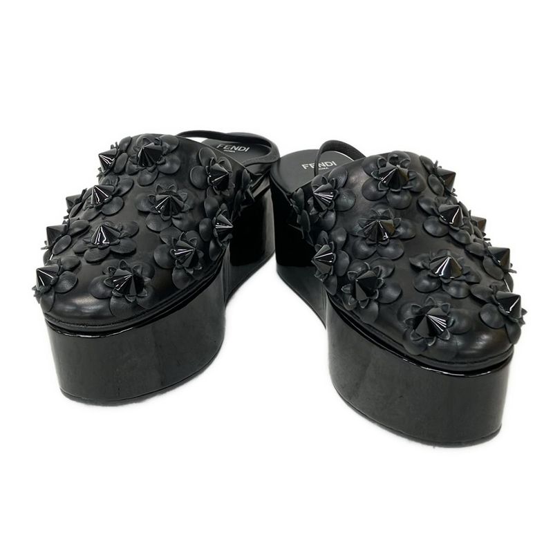 Fendi Sandals 37 Black Flower Leather
