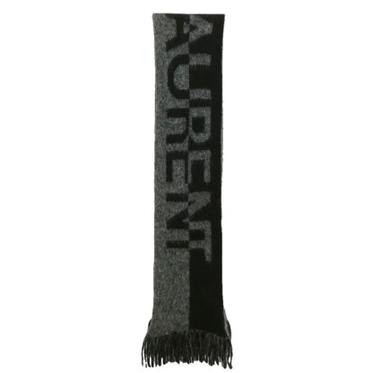 Saint Laurent Paris Logo Fringe Scarf Wool Mohair Alpaca Black Gray