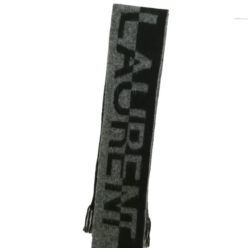 Saint Laurent Paris Logo Fringe Scarf Wool Mohair Alpaca Black Gray