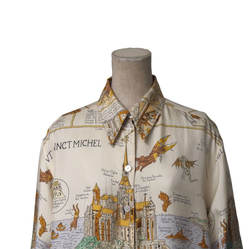 Hermes Vintage Mont Sainct Michel Blouse 40 Silk Twill Long Sleeve Scarf Cream Beige