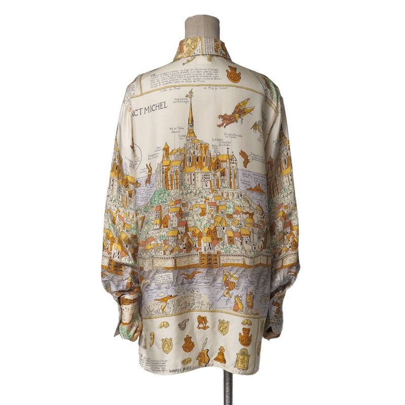 Hermes Vintage Mont Sainct Michel Blouse 40 Silk Twill Long Sleeve Scarf Cream Beige