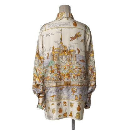 Hermes Vintage Mont Sainct Michel Blouse 40 Silk Twill Long Sleeve Scarf Cream Beige
