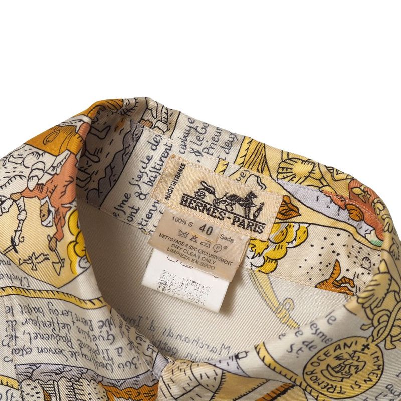 Hermes Vintage Mont Sainct Michel Blouse 40 Silk Twill Long Sleeve Scarf Cream Beige