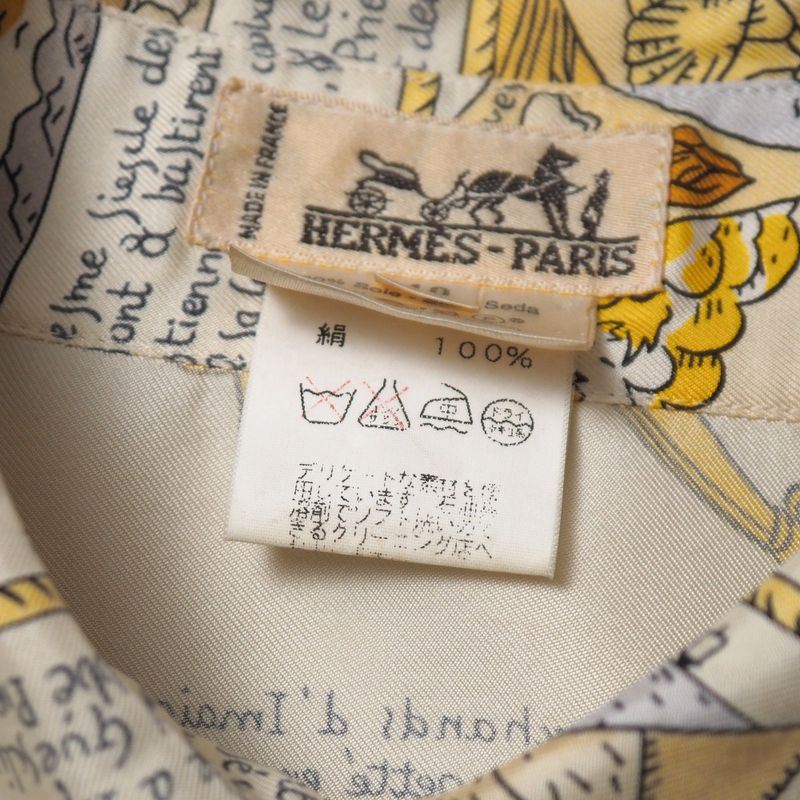 Hermes Vintage Mont Sainct Michel Blouse 40 Silk Twill Long Sleeve Scarf Cream Beige