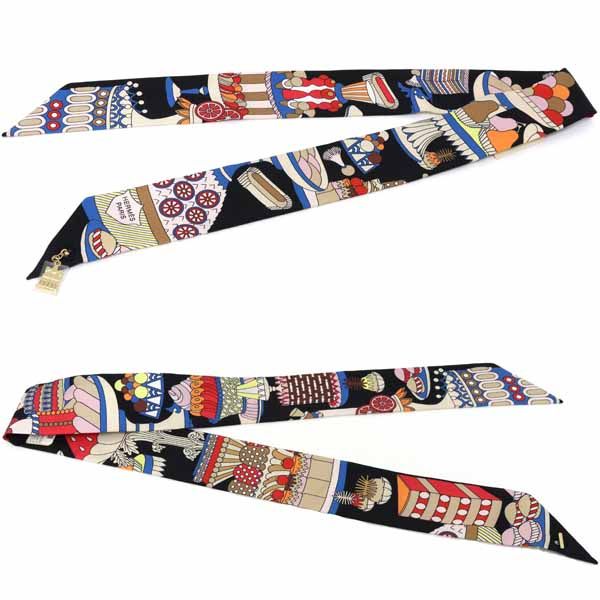 Hermes Twilly Charm la Patisserie Francaise Silk 02 Noir Black Blanc Blue
