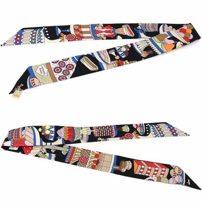 Hermes Twilly Charm la Patisserie Francaise Silk 02 Noir Black Blanc Blue