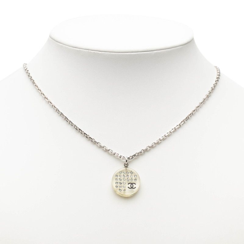 Chanel CC Logo Silver Clear Metal Plastic Necklace