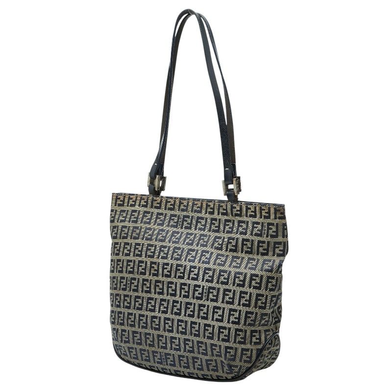 Fendi Zucchino Tote Shoulder Bag Navy Gray Canvas Leather